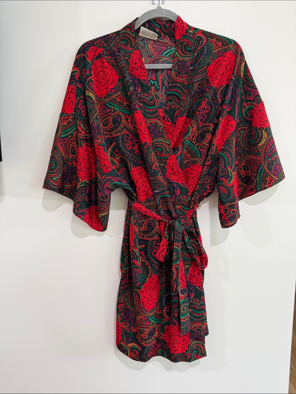 Satin Floral & Paisley Tie-Waist Robe in Red & Green